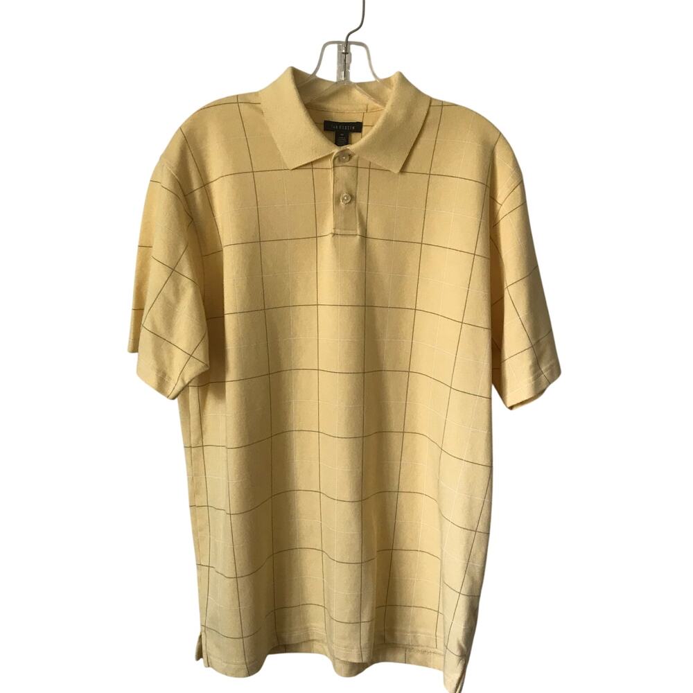 Van Heusen Shirt Medium Mens Polo Button Up Short Sleeve Yellow Subtle Plaid Med